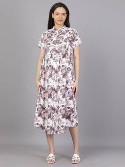 Mamma's Maternity - Rose Pink Cotton Botanical Printed Maternity Short Dress with Belt