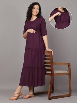 Mamma's Maternity - Wine Colored Cotton Solid Pregnancy/Nursing Long Dress