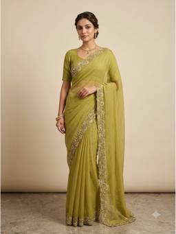 Dress & Dazzle - Olive Green Saree