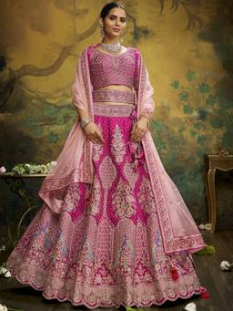 Panchhi - Pink Embroidery Semi Stitched Lehenga with Unstitched Choli and Dupatta (Set of 3)