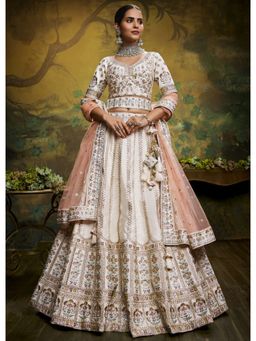 Panchhi - Off White Embroidery Semi Stitched Lehenga with Unstitched Choli and Dupatta (Set of 3)