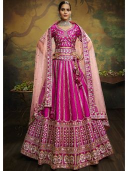 Panchhi - Pink Embroidery Semi Stitched Lehenga with Unstitched Choli and Dupatta (Set of 3)