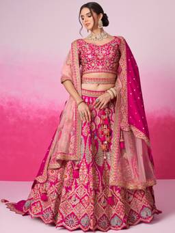 Panchhi - Pink Embroidery Semi Stitched Lehenga with Unstitched Choli and Dupatta (Set of 3)