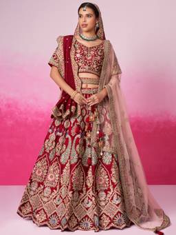 Panchhi - Red Embroidery Semi Stitched Lehenga with Unstitched Choli and Dupatta (Set of 3)