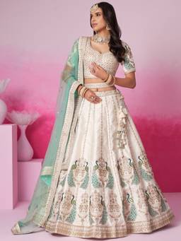 Panchhi - Cream Embroidery Semi Stitched Lehenga with Unstitched Choli and Dupatta (Set of 3)