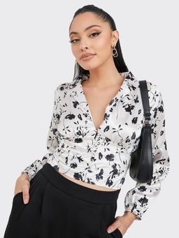 Styli - Beige Satin Floral Print Notch Lapel Collar Long Sleeve Blouse