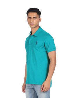 U.S. POLO ASSN. - Men Blue Cotton Solid Polo T-shirt