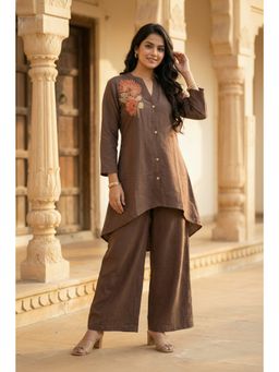 FREYAA - Brown Co-Ord Set With Floral Embroidered