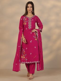 Libas - Pink Floral Embroidered Straight Kurta with Trouser with Dupatta