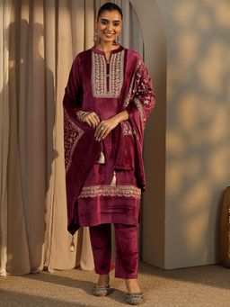 Libas - Maroon Floral Embroidered Straight Kurta with Trouser and Dupatta
