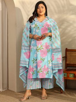Extra love by Libas - Plus Size Blue Floral Printed Straight Kurta with Trouser and Dupatta