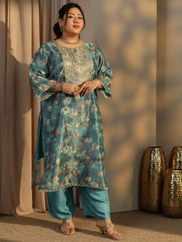 Extra love by Libas - Plus Size Teal Floral Yoke Design Kurta and Trouser with Dupatta