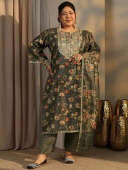 Extra love by Libas - Plus Size Green Floral Yoke Design Kurta and Trouser with Dupatta