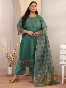 Extra love by Libas - Plus Size Women Green Ethnic Motif Embellished Kurta and Trouser with Dupatta