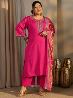 Extra love by Libas - Plus Size Pink Zari Embellished Kurta with Trouser and Dupatta