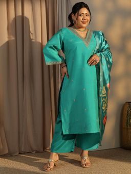 Extra love by Libas - Plus Size Teal Ethnic Motif Straight Kurta with Trouser and Dupatta