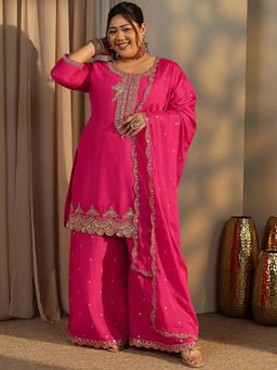Extra love by Libas - Plus Size Women Pink Zari Embroidered Kurti with Palazzo and Dupatta