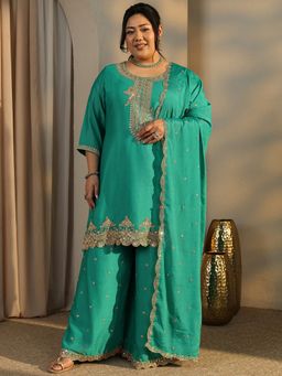 Extra love by Libas - Plus Size Women Green Zari Embroidered Kurti with Palazzo and Dupatta