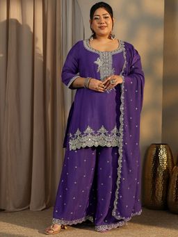 Extra love by Libas - Plus Size Purple Zari Embroidered Kurti with Palazzo and Dupatta