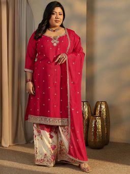 Extra love by Libas - Plus Size Women Red Zari Embroidered Straight Kurta with Palazzo and Dupatta