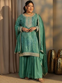 Extra love by Libas - Plus Size Green Bandhani Kurta with Sharara and Dupatta
