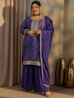 Extra love by Libas - Plus Size Purple Bandhani Kurta with Sharara and Dupatta