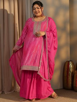 Extra love by Libas - Plus Size Pink Bandhani Kurta with Sharara and Dupatta