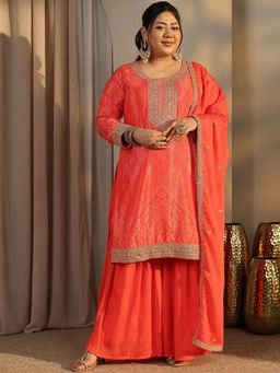 Extra love by Libas - Plus Size Orange Bandhani Kurta with Sharara and Dupatta