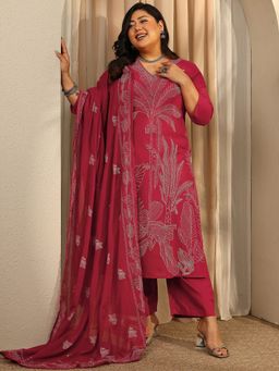Extra love by Libas - Plus Size Red Floral Printed Straight Kurta with Trouser and Dupatta