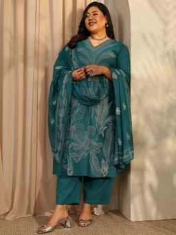 Extra love by Libas - Plus Size Teal Floral Printed Straight Kurta with Trouser and Dupatta