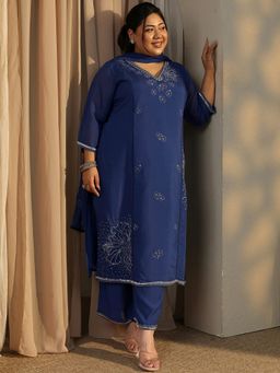 Extra love by Libas - Plus Size Women Blue Beads Embellished Panelled Kurta with Trouser and Dupatta