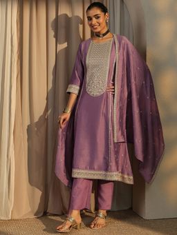 Libas - Lavender Ethnic Motif Embroidered Panelled Kurta and Trouser with Dupatta