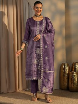 Libas - Purple Floral Embellished Straight Kurta and Trouser with Dupatta