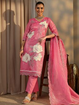Libas - Pink Floral Embroidered Kurta and Trouser with Dupatta