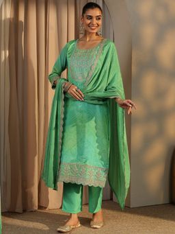 Libas - Green Bandhani Printed Straight Kurta and Trouser with Dupatta