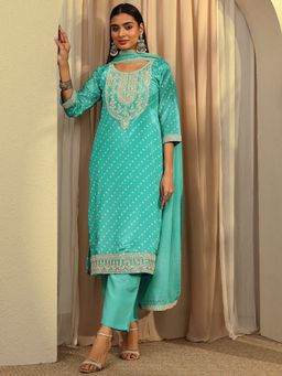 Libas - Blue Bandhani Printed Straight Kurta and Trouser with Dupatta