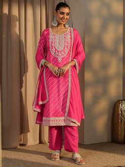Libas - Pink Bandhani Printed Straight Kurta and Trouser with Dupatta