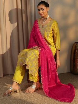 Libas Art - Mustard Floral Embellished Straight Kurta and Trouser with Dupatta
