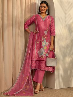 Libas - Pink Floral Embroidered A-Line Kurta and Trouser with Dupatta
