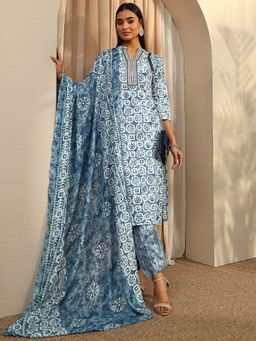 Gerua By Libas - Blue Ethnic Motif Printed Straight Kurta with Trouser and Dupatta