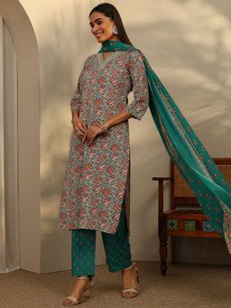 Gerua By Libas - Blue Floral Printed Straight Kurta with Trouser and Dupatta