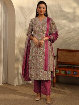 Gerua By Libas - Maroon Floral Printed Straight Kurta with Trouser and Dupatta