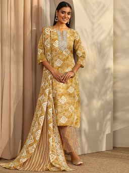 Gerua By Libas - Mustard Ethnic Motif Printed Straight Kurta with Trouser and Dupatta