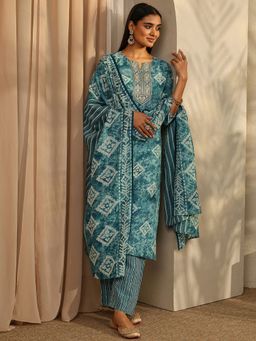 Gerua By Libas - Blue Ethnic Motif Printed Straight Kurta with Trouser and Dupatta