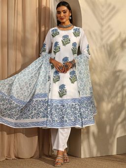 Libas - White Floral Printed Anarkali Kurta and Trouser with Printed Chiffon Dupatta