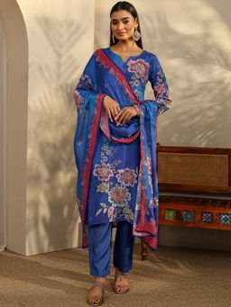 Libas - Blue Floral Printed and Embellished Kurta with Trouser and Dupatta