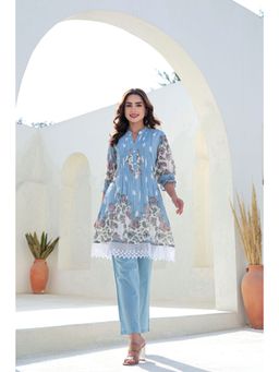 FREYAA - Blue Co-Ord Set With Modern Prints And Lace Detailing