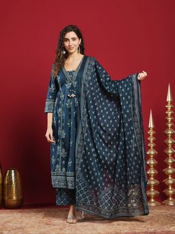 MEENA BAZAAR - Printed Blue Cotton Kurta & Pants With Dupatta