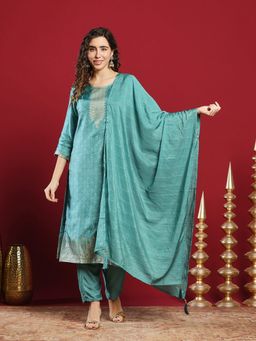 MEENA BAZAAR - Woven Green Cotton Kurta & Pants With Dupatta