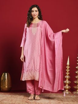 MEENA BAZAAR - Woven Pink Cotton Kurta & Pants With Dupatta